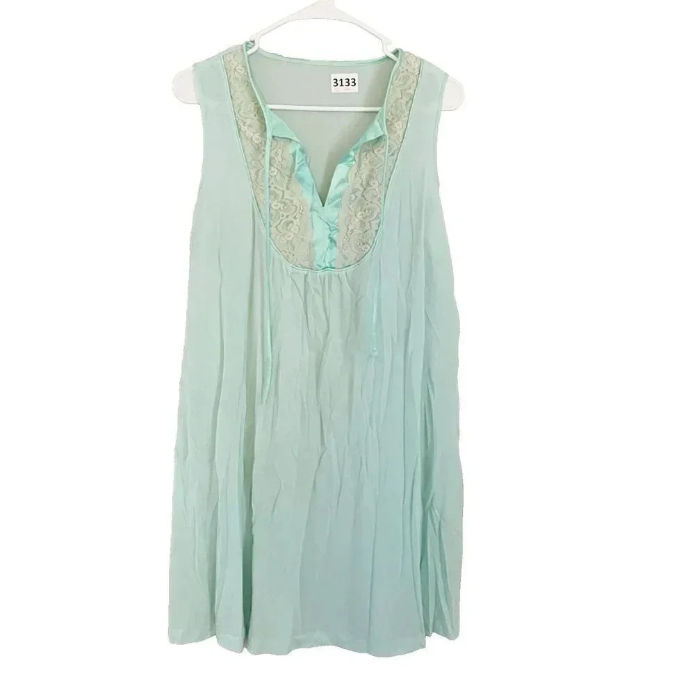 Vtg Gilead Womens Light Green Dress M Lace Floral Tie Neck Sleeveless Chemise